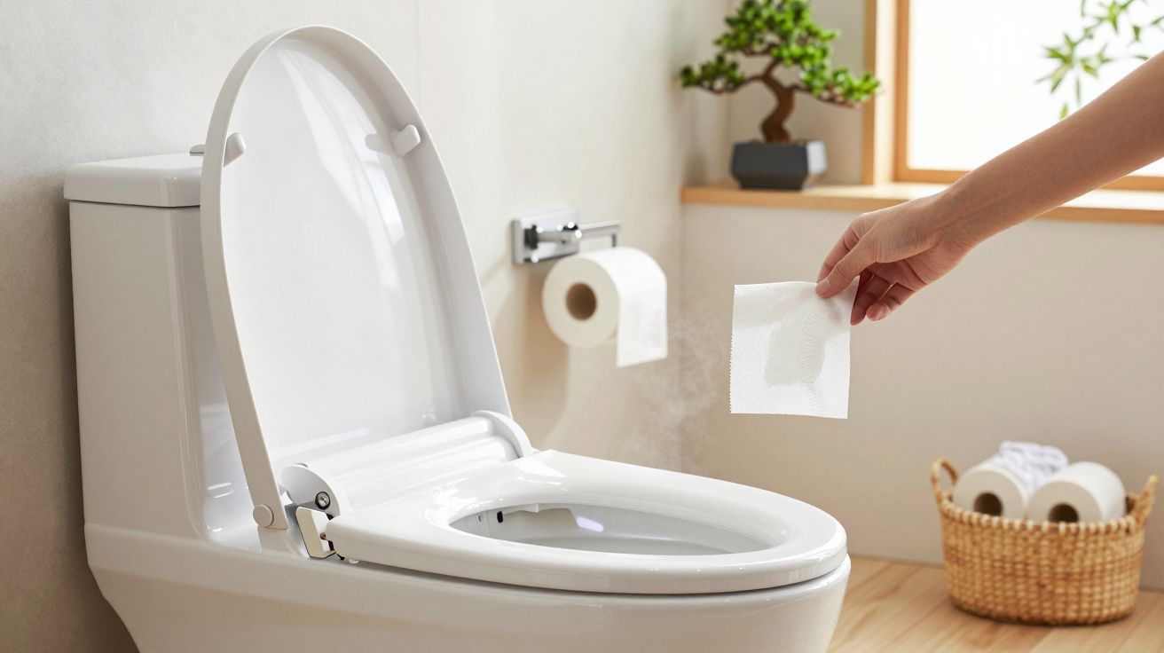Mano sosteniendo un papel higiénico frente a un inodoro blanco moderno en un baño luminoso con planta y toallas.