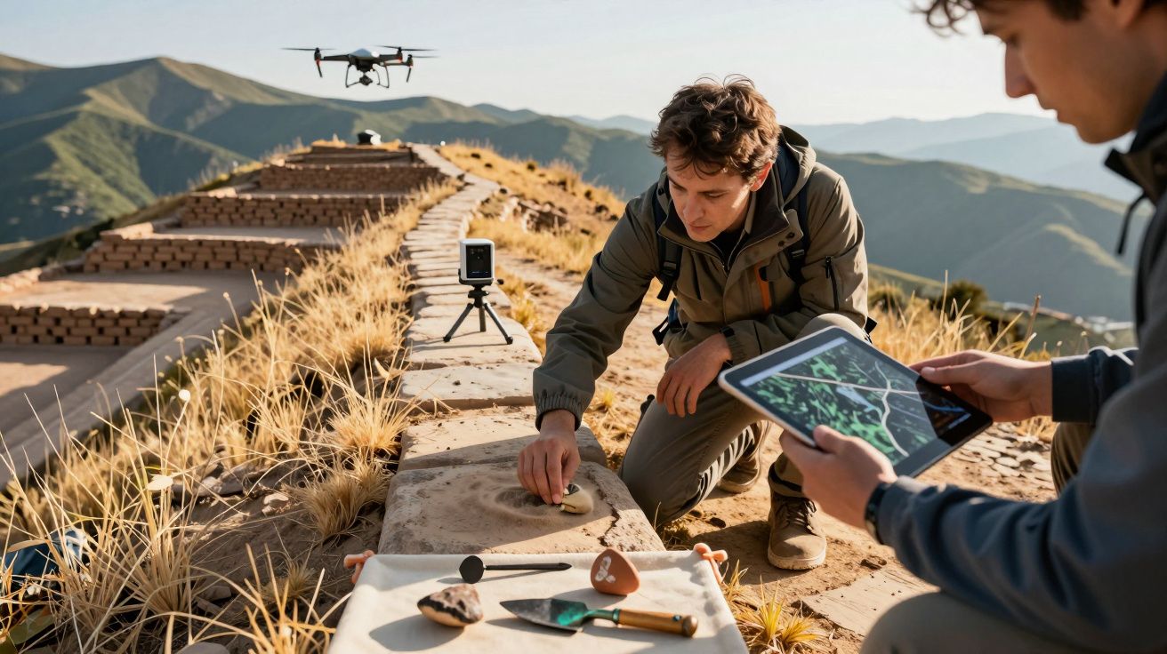 Arqueólogos en montaña, usando dron y tableta, examinan artefactos en un sitio de excavación al aire libre.