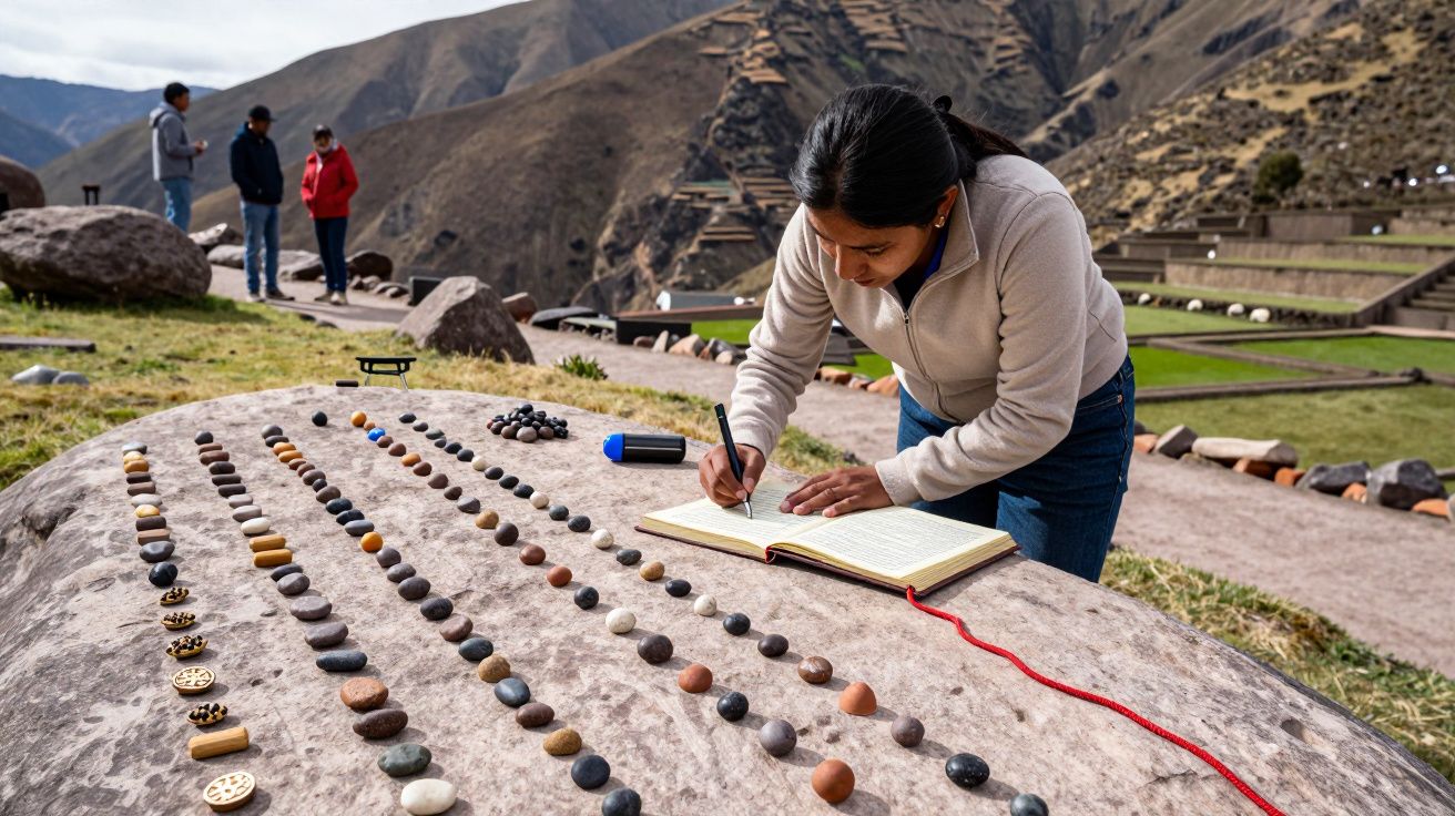 Mujer escribiendo en un cuaderno al aire libre, con piedras alineadas sobre una roca y paisaje montañoso al fondo.