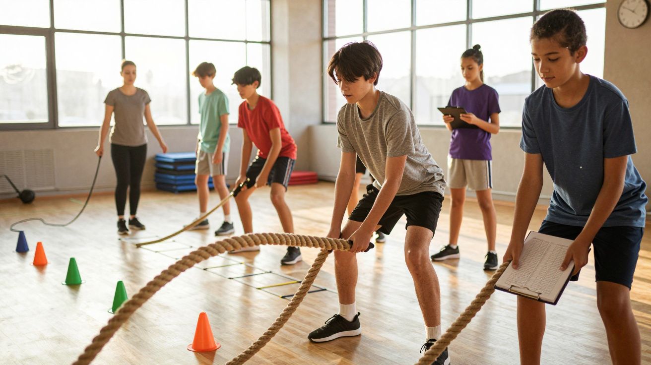 Jóvenes entrenando en un gimnasio, usando cuerdas de batalla y supervisados por un instructor.