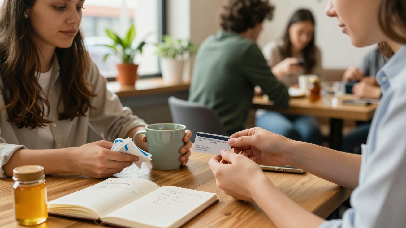 Personas en una cafetería revisan tarjetas y notas; hay una taza de café y plantas en el fondo.