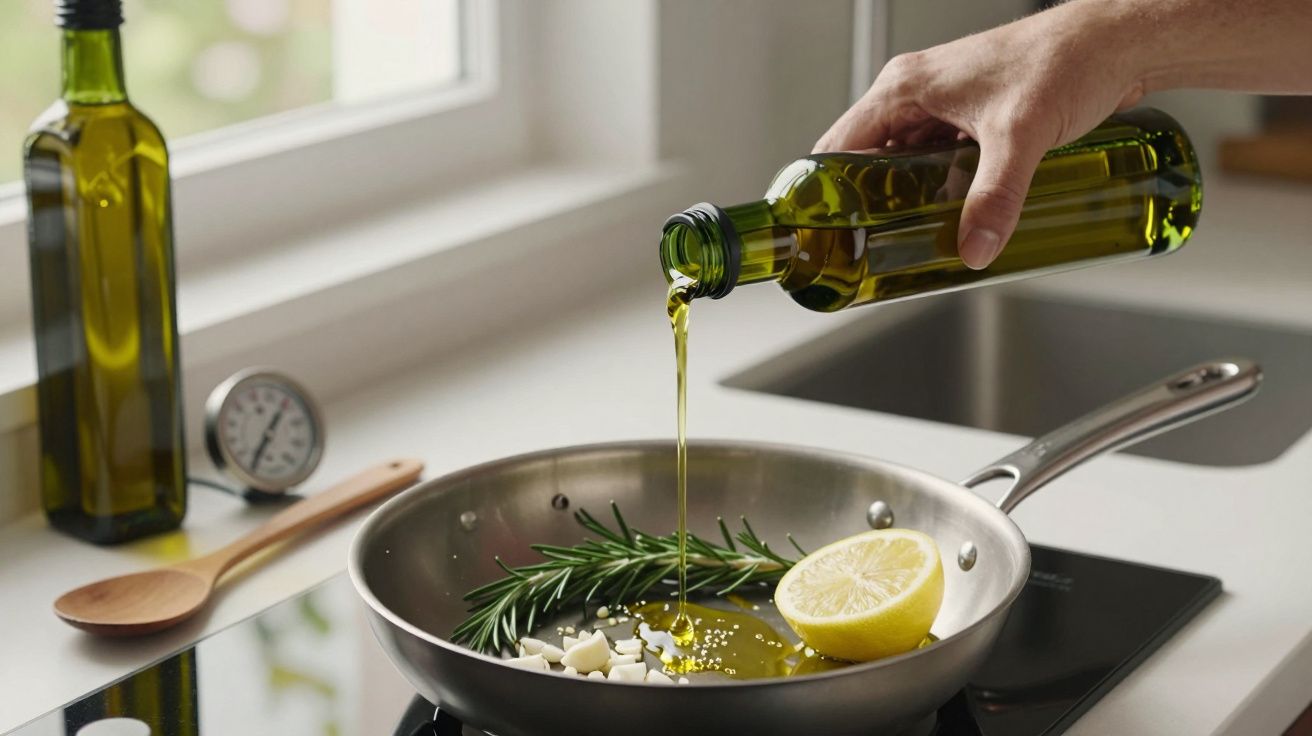 Mano vertiendo aceite de oliva en sartén con romero, ajo y limón en cocina moderna.