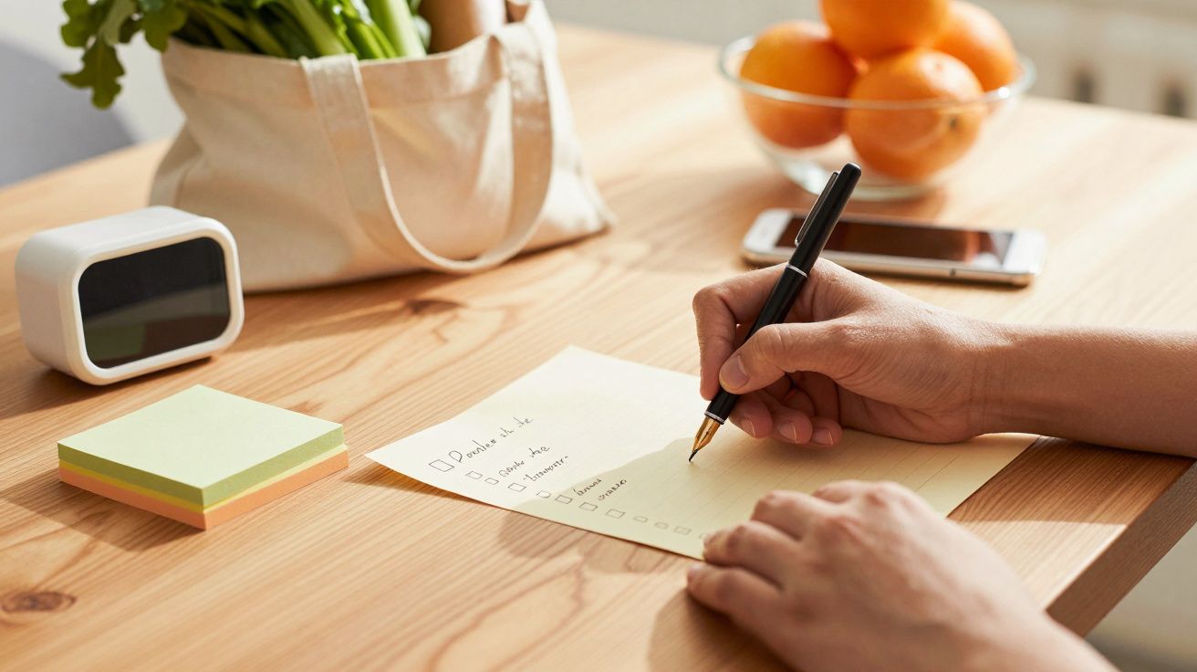 Persona escribiendo una lista en papel sobre una mesa con post-its, reloj, móvil y frutas en un cuenco.