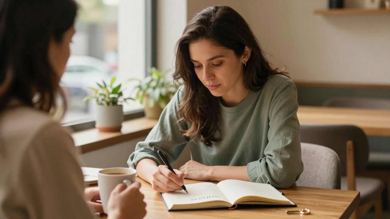 Mujer joven escribiendo en una libreta en un café, junto a otra persona que sostiene una taza de café.