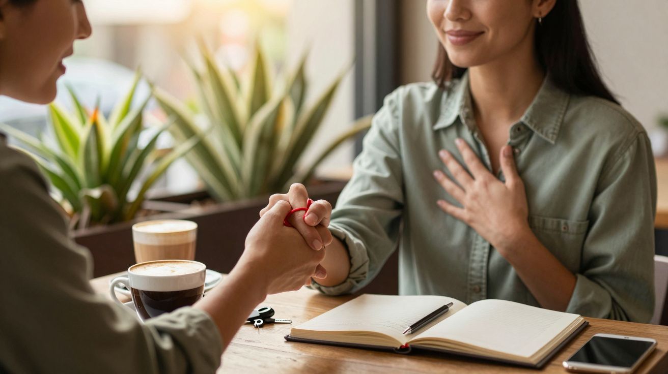 Dos personas conversan en un café, con una libreta abierta y móvil sobre la mesa. Una persona sostiene la mano de la otra.