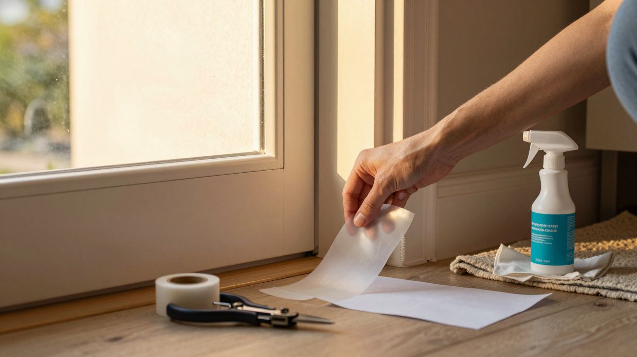 Mano colocando cinta adhesiva junto a una puerta con papel, tijeras y botella de spray sobre el suelo de madera.