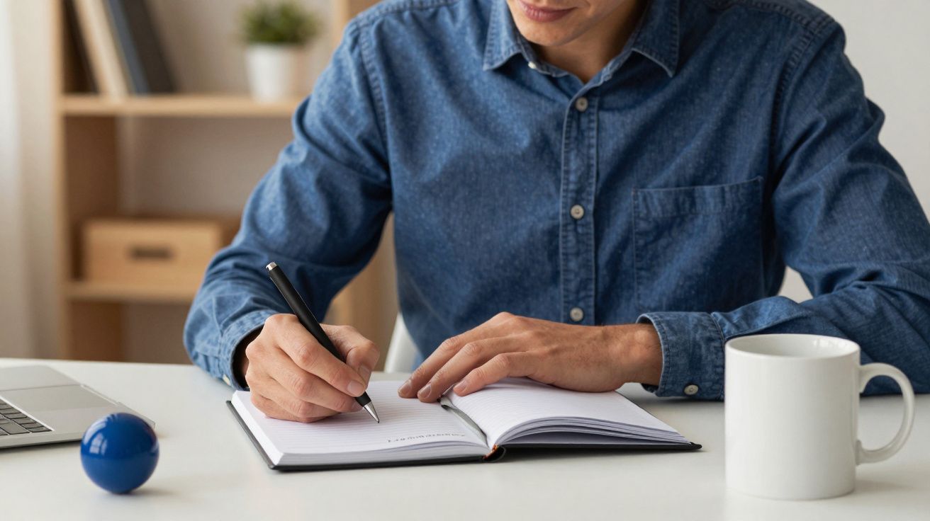 Persona escribiendo en un cuaderno en una mesa blanca. Hay una taza, una pelota azul y un portátil cerca.