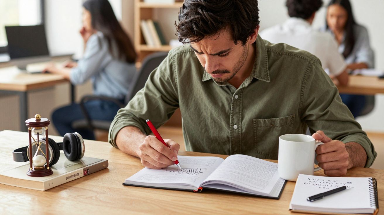 Hombre concentrado escribe en cuaderno con lápiz rojo y sostiene taza blanca en biblioteca; reloj de arena y auriculares cerc