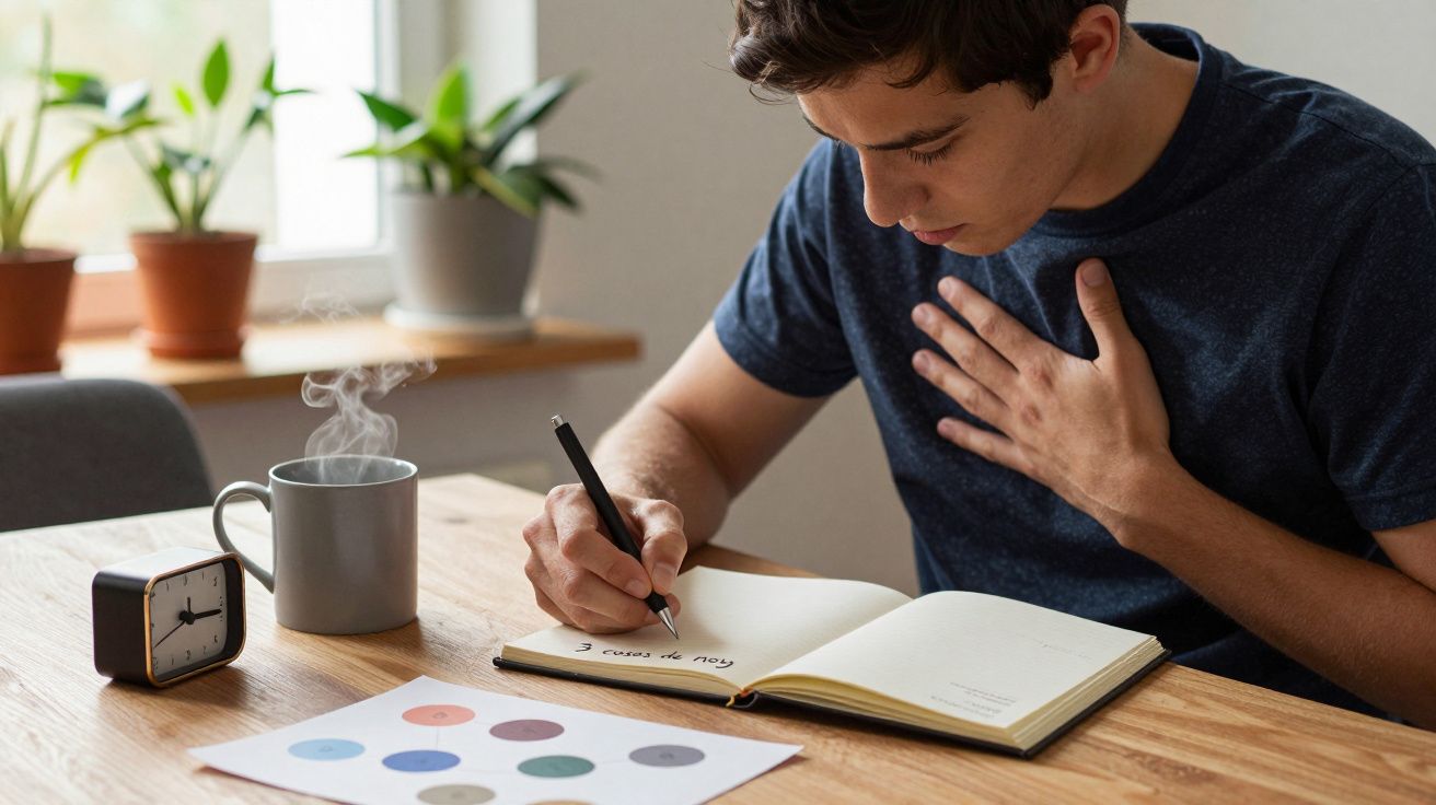 Joven escribiendo en un cuaderno en una mesa con café y plantas, junto a una hoja con círculos de colores.