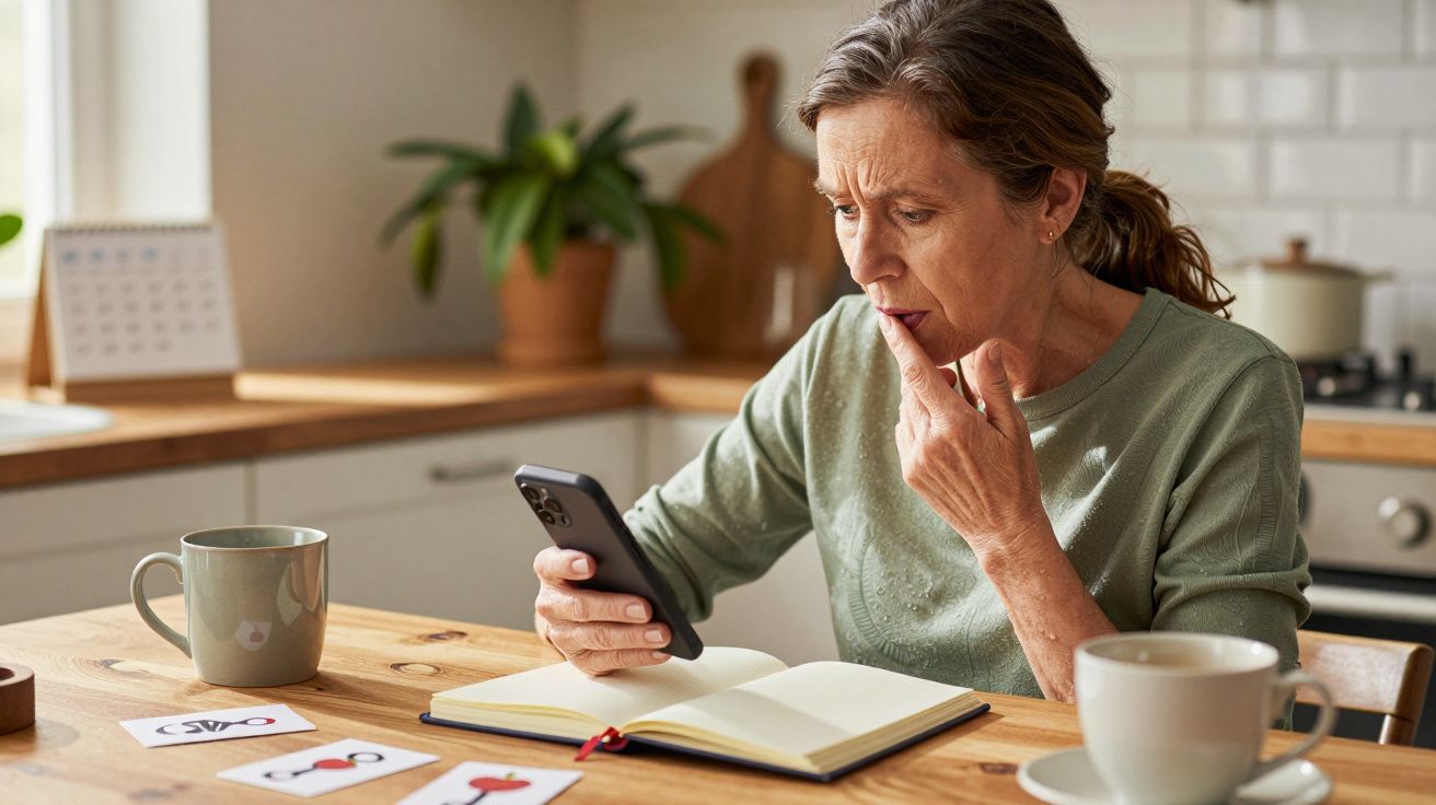 Mujer en cocina mirando su móvil, con un cuaderno abierto y dos tazas sobre la mesa.