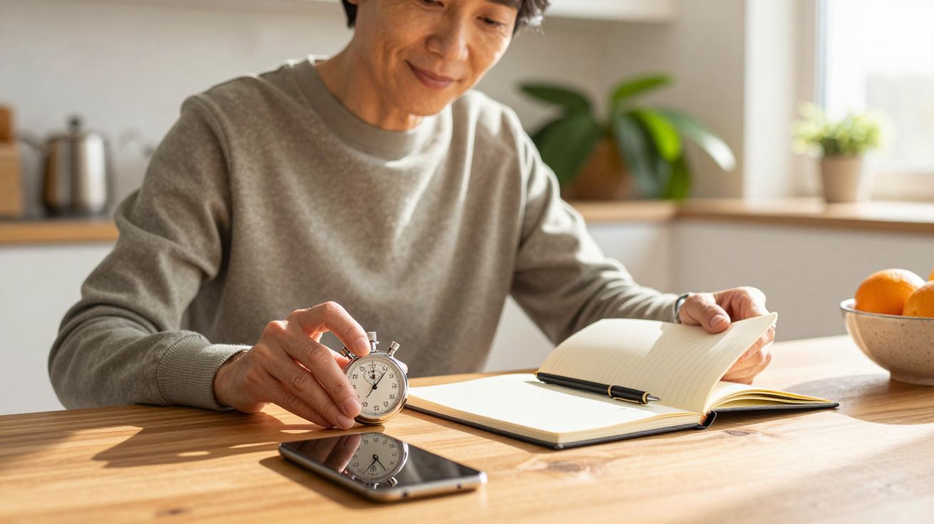 Persona midiendo tiempo con un cronómetro y tomando notas en un diario, con un móvil y una planta de fondo.