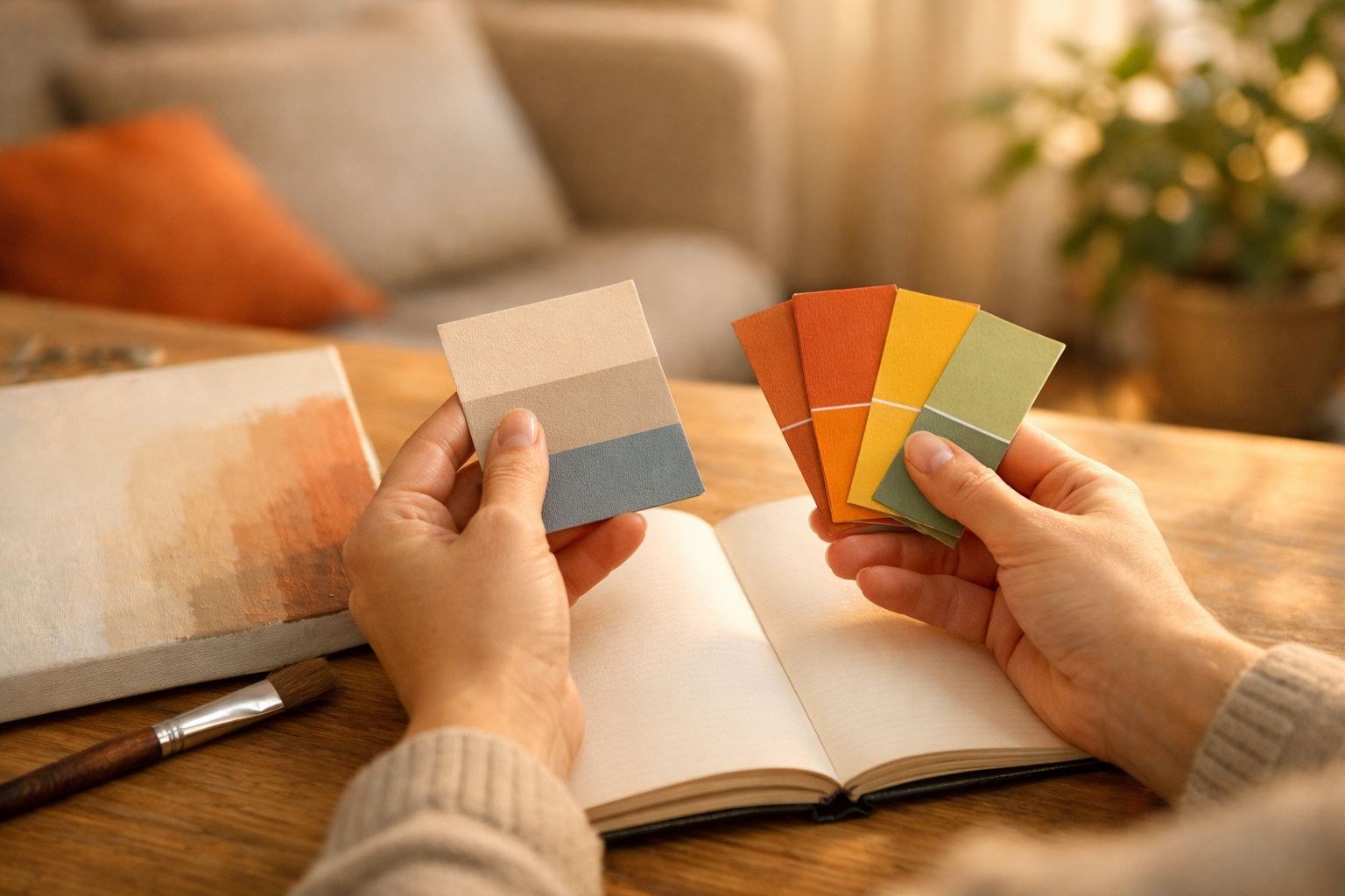 Mujer elige suéter verde de un armario, rodeada de muestras de colores y una rueda cromática.