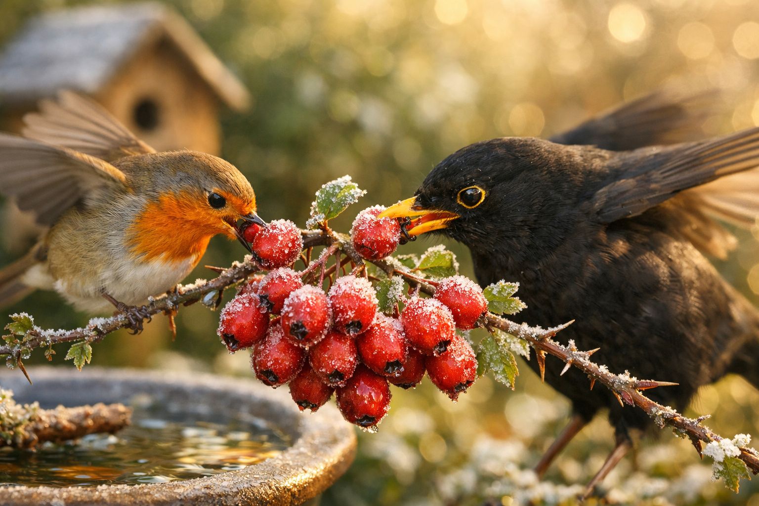 Persona con guantes sostiene ramas de bayas mientras petirrojos se posan cerca de un tazón con frutas rojas.