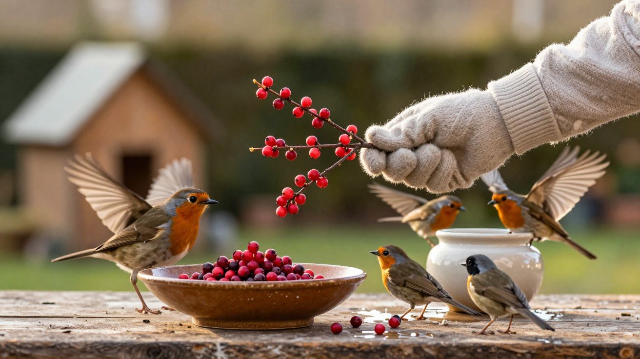 Mano con guante ofrece bayas rojas a petirrojos sobre una mesa con cuenco de frutos en un jardín.