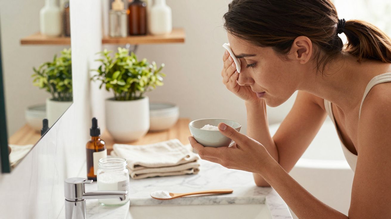 Mujer limpiándose el rostro con un algodón frente a un espejo en un baño luminoso y decorado con plantas.