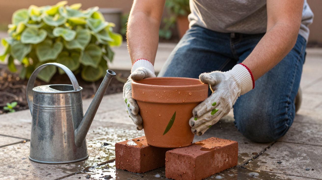 Persona con guantes colocando una maceta sobre ladrillos en el suelo. Hay una regadera metálica a su lado.