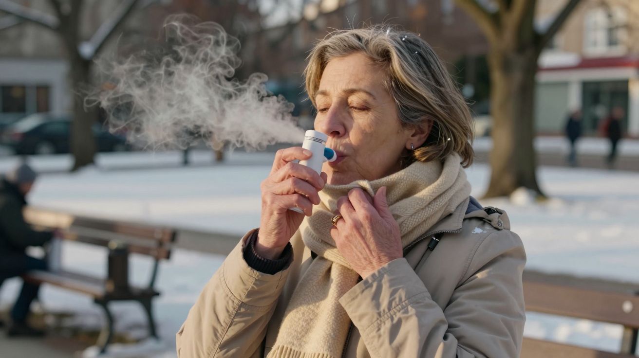 Mujer mayor usando un inhalador en un parque nevado, vistiendo abrigo y bufanda.