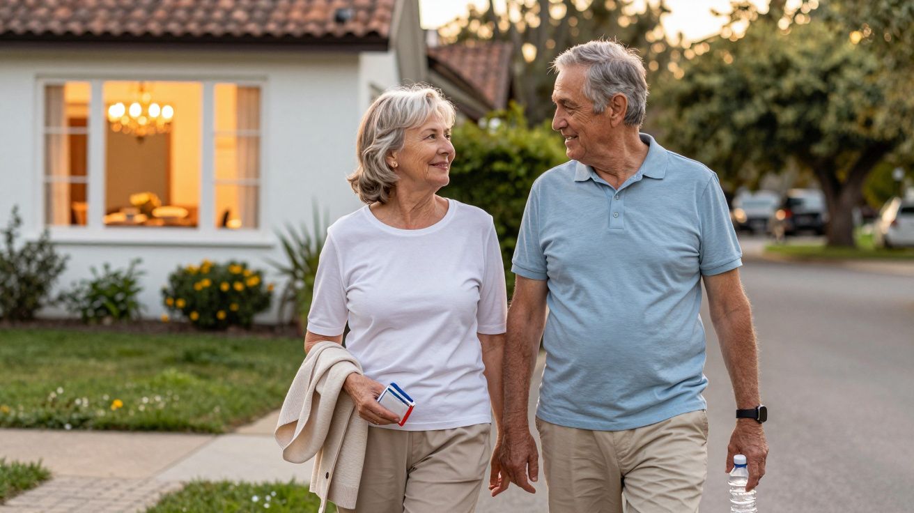 Pareja mayor caminando juntos al atardecer frente a una casa iluminada.