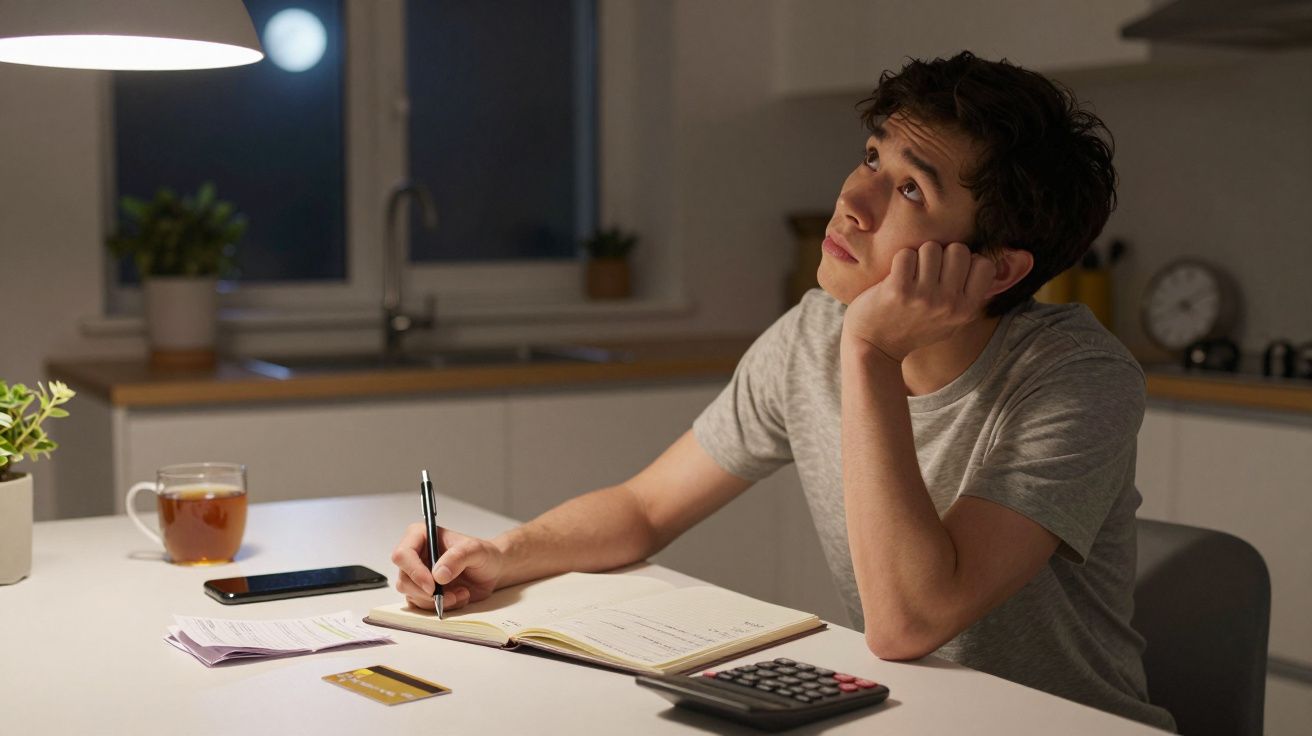 Joven pensativo sentado en la mesa con libreta, bolígrafo, calculadora, tarjeta de crédito, móvil y taza de té.