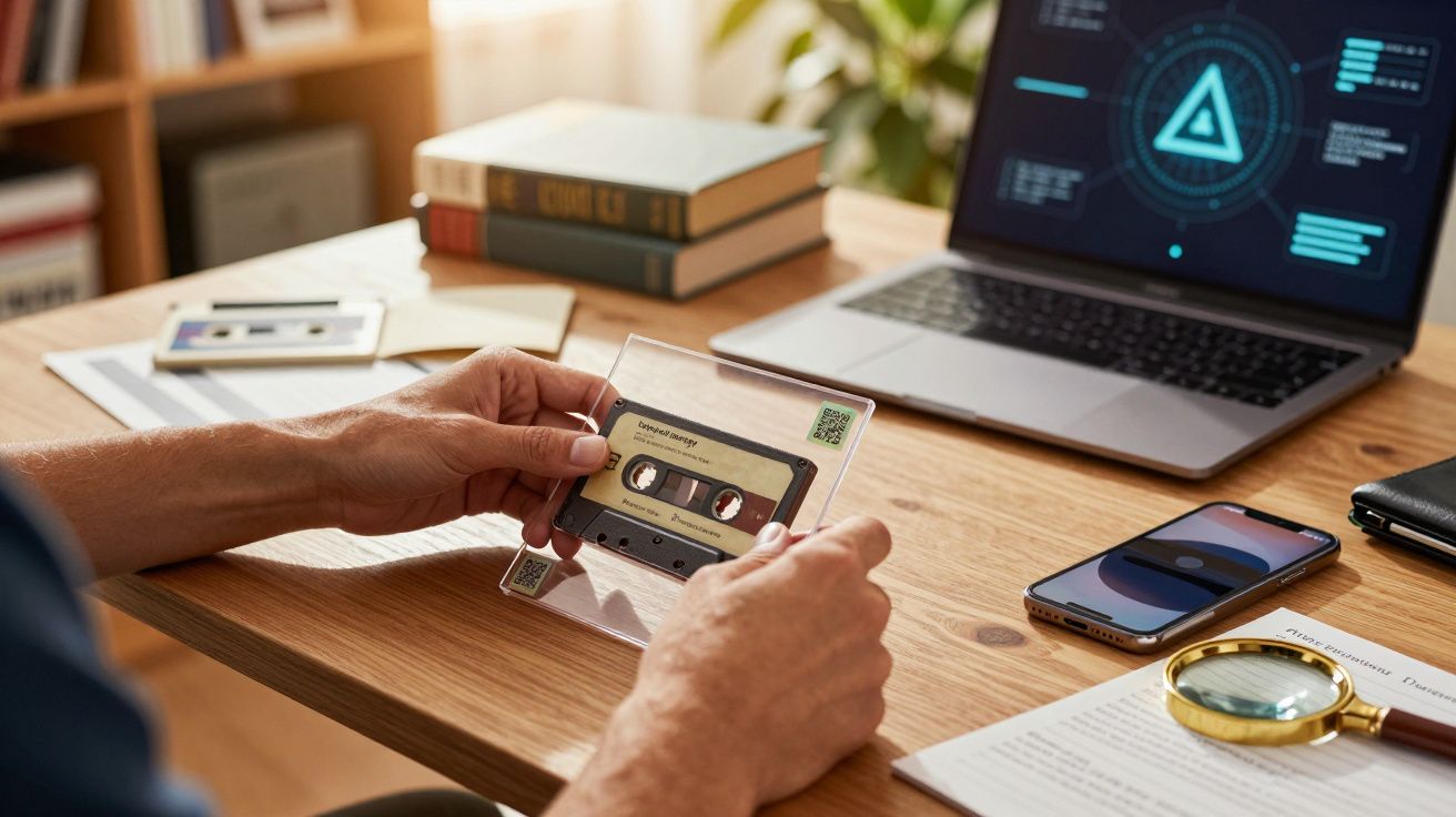 Persona sosteniendo un casete en un escritorio con portátil, teléfono, lupa y libros. Pantalla muestra un triángulo.