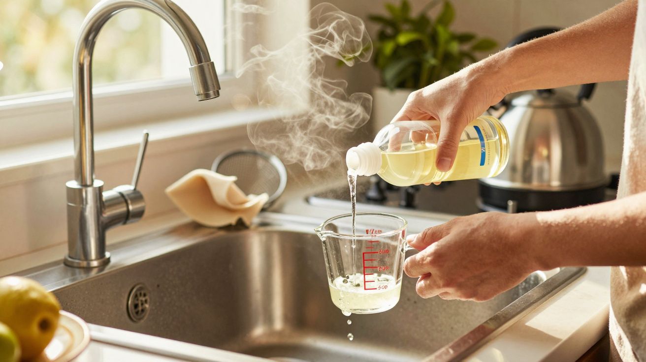 Persona vertiendo líquido en una jarra medidora sobre un fregadero, con vapor elevándose.
