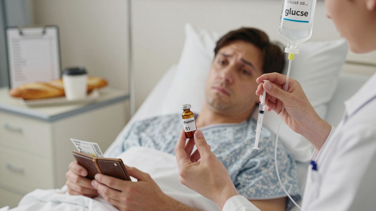 Paciente en cama, médico sostiene vial y jeringa, bolsa de glucosa al lado, ambiente hospitalario.