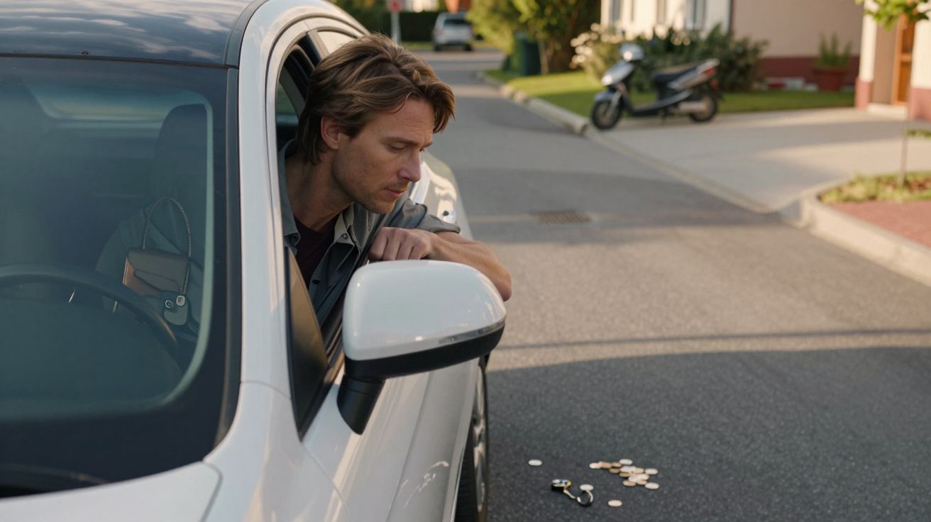 Hombre en coche blanco observa llaves y monedas caídas en el pavimento de una calle tranquila, junto a una moto estacionada.