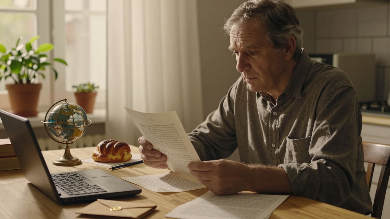 Hombre mayor leyendo documentos en una mesa con portátil, globo terráqueo, panecillo y plantas.