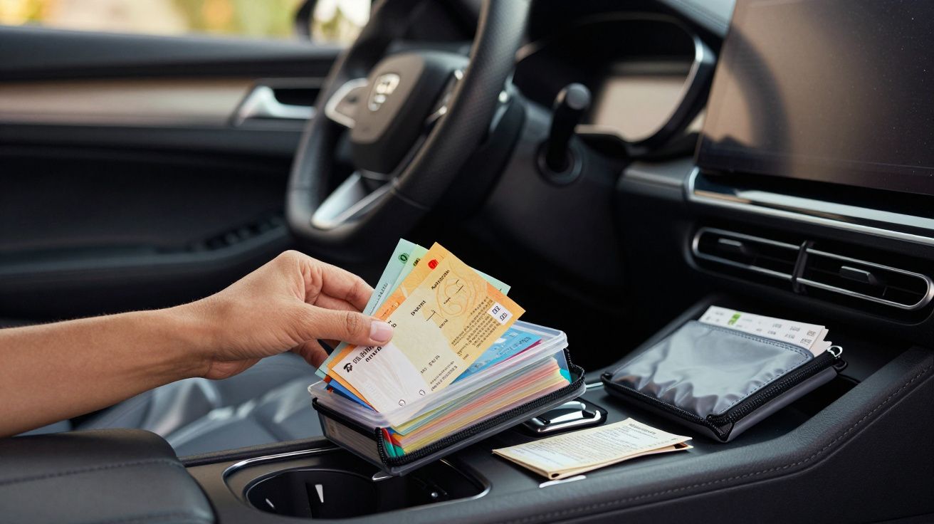 Mano sosteniendo tarjetas de aparcamiento multicolores dentro de un coche, con documentos en el asiento del copiloto.