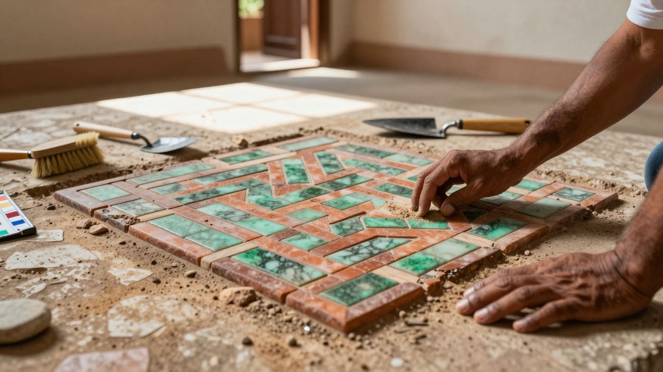 Manos colocando azulejos verdes y marrones en un mosaico en el suelo, rodeado de herramientas de trabajo.