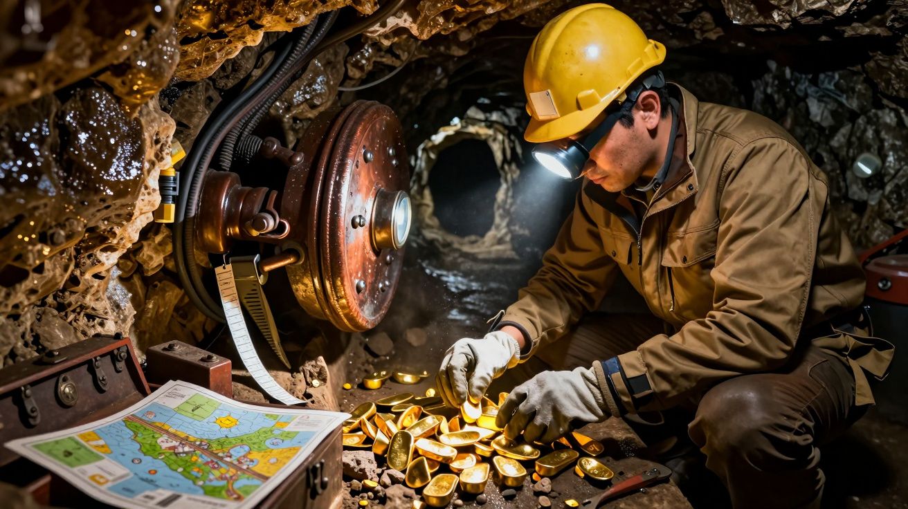 Minero con casco amarillo inspecciona lingotes de oro en mina subterránea iluminada. Un mapa yace en el suelo cerca de él.