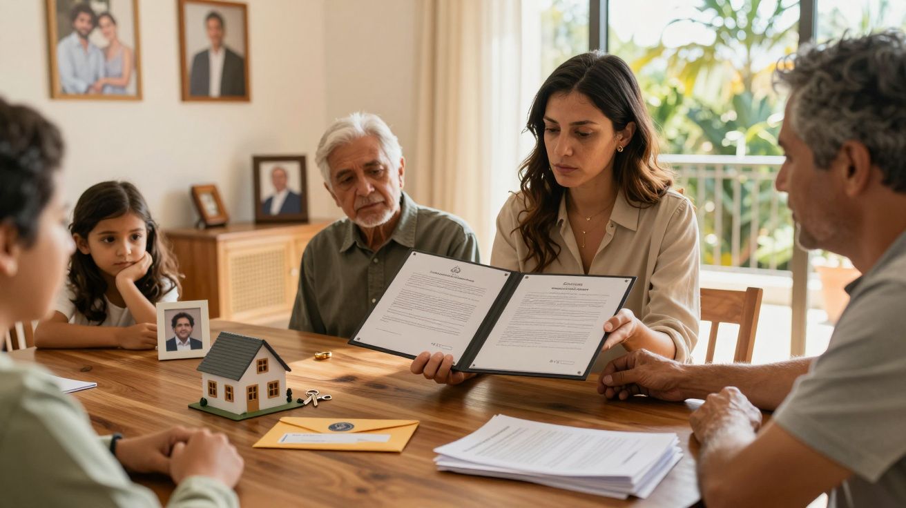 Familia reunida en torno a una mesa, examinando documentos legales, con una maqueta de casa y llaves al frente.