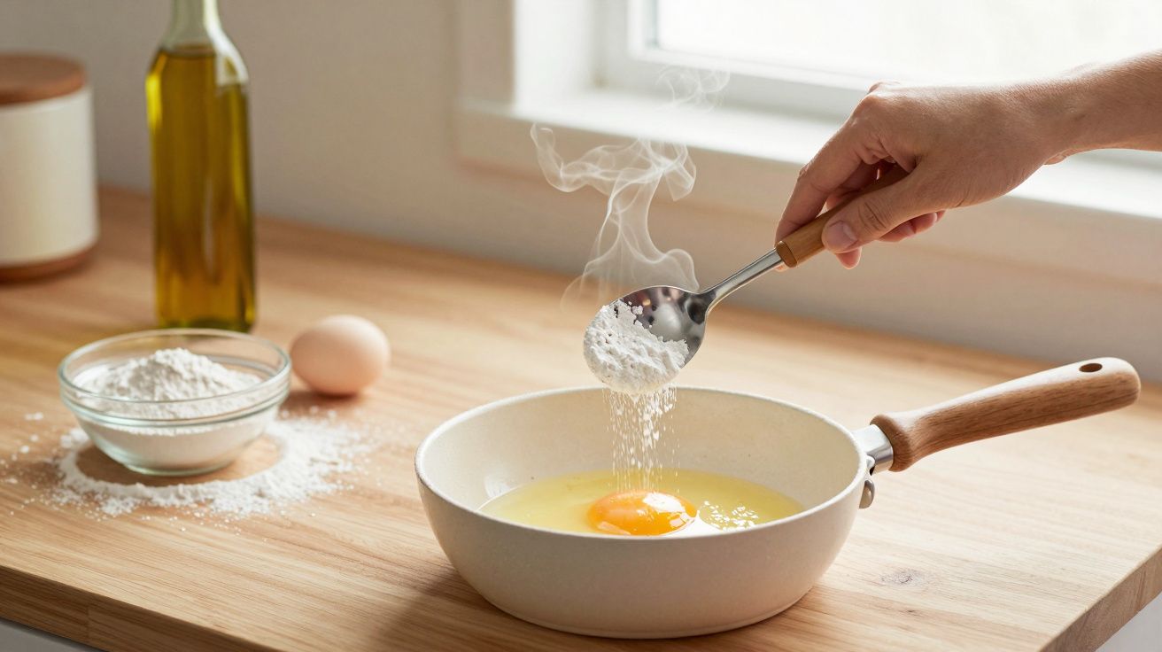 Mano añadiendo harina a una sartén con huevo en una cocina, junto a un bol de harina, un huevo y aceite de oliva.