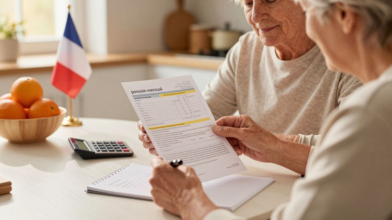 Personas mayores revisando documentos en una mesa, junto a una calculadora y una bandera pequeña.