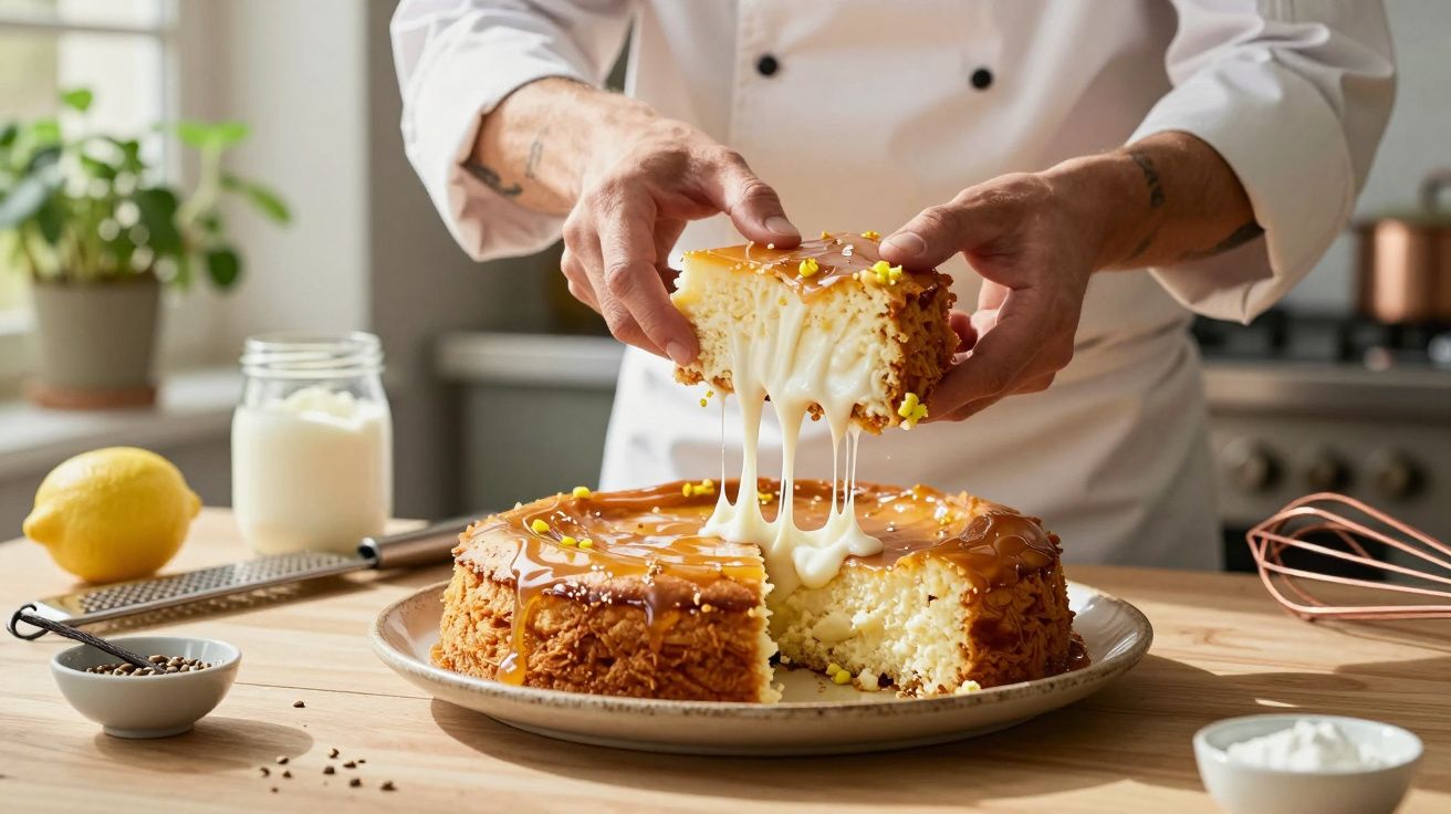 Persona con chaqueta de chef sirve un trozo de pastel esponjoso con glaseado, en una cocina bien iluminada.