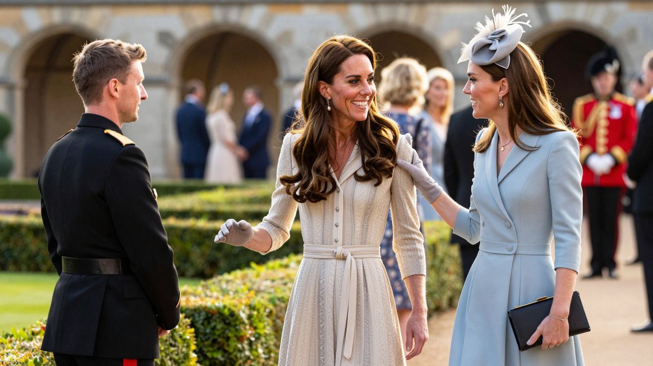 Dos mujeres elegantemente vestidas conversan con un hombre en uniforme militar en un jardín.