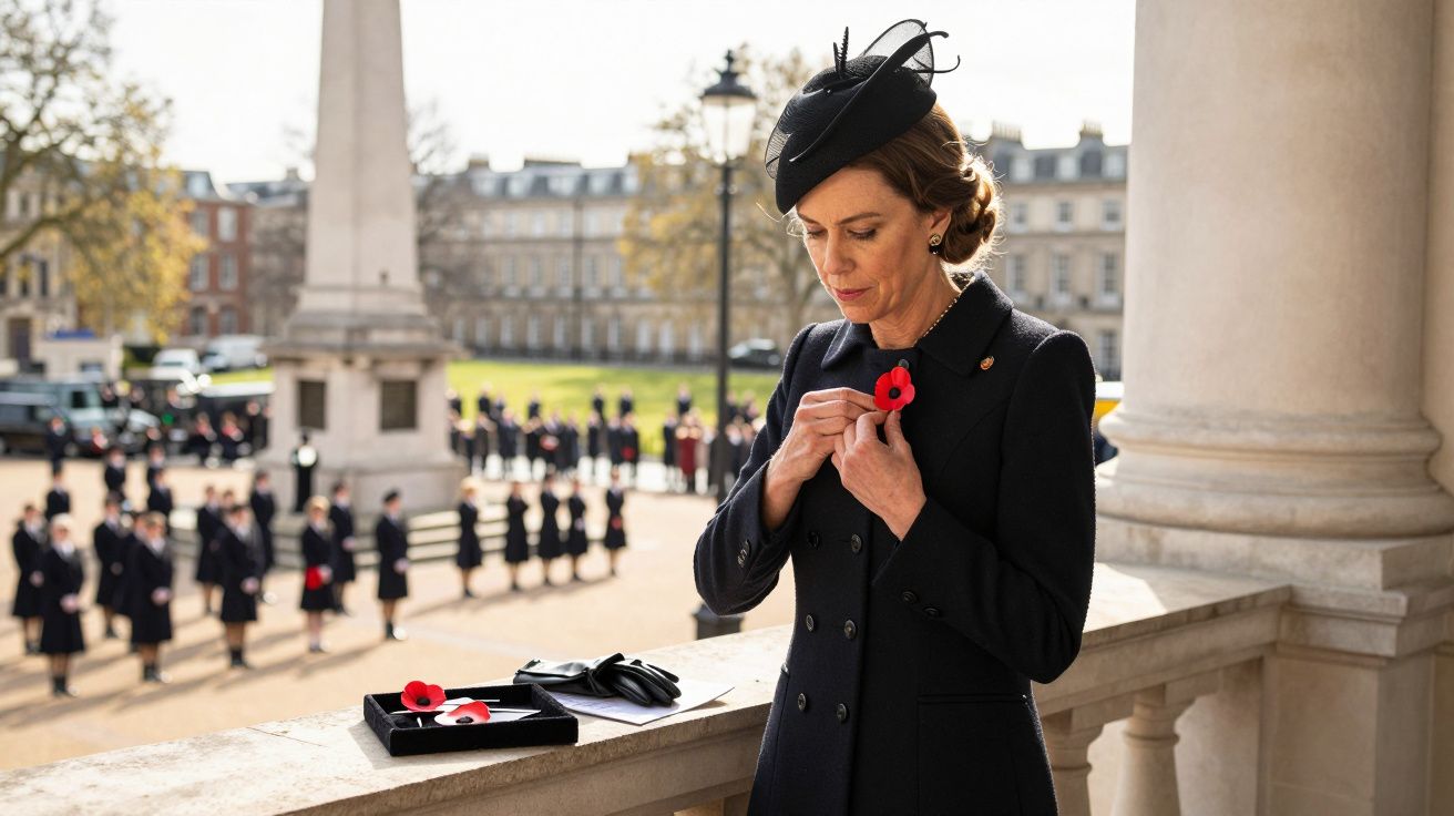 Mujer con sombrero negro coloca una amapola roja en su abrigo, conmemoración al aire libre en segundo plano.