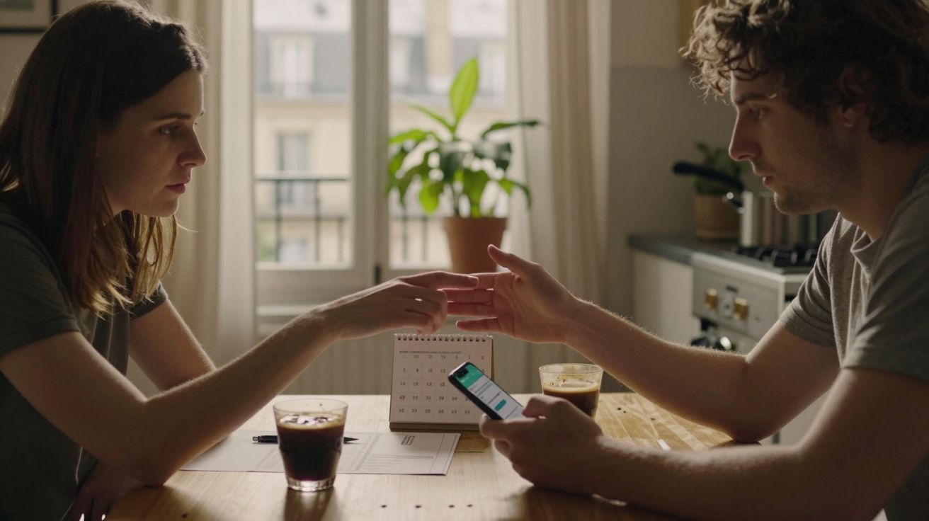 Dos personas sentadas en una mesa, una sostiene un móvil mientras la otra extiende su mano; fondo de cocina y ventana.