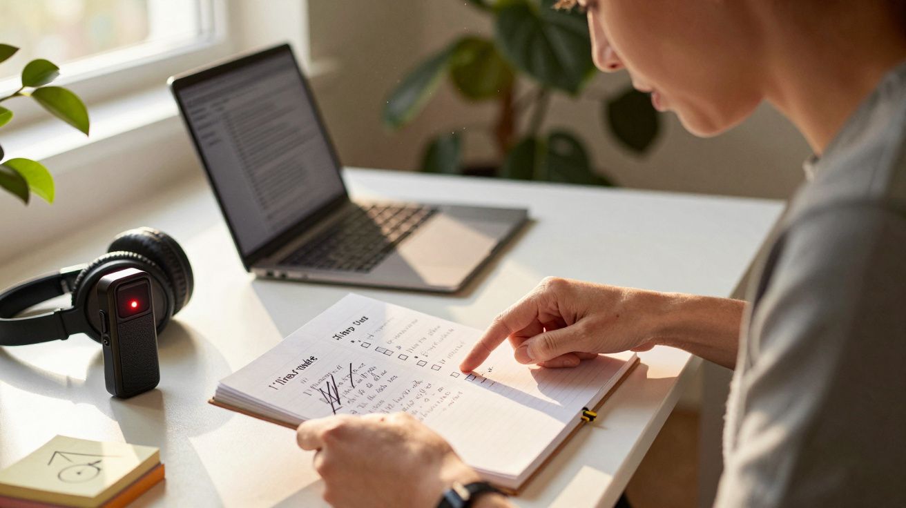 Persona revisando lista de tareas en libreta, con ordenador portátil y auriculares en mesa blanca.