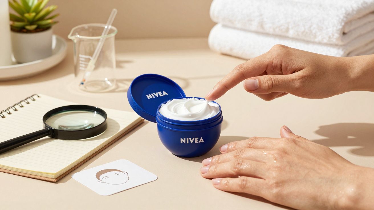 Manos aplicando crema Nivea en un tarro azul, junto a una libreta, lupa y toallas blancas.