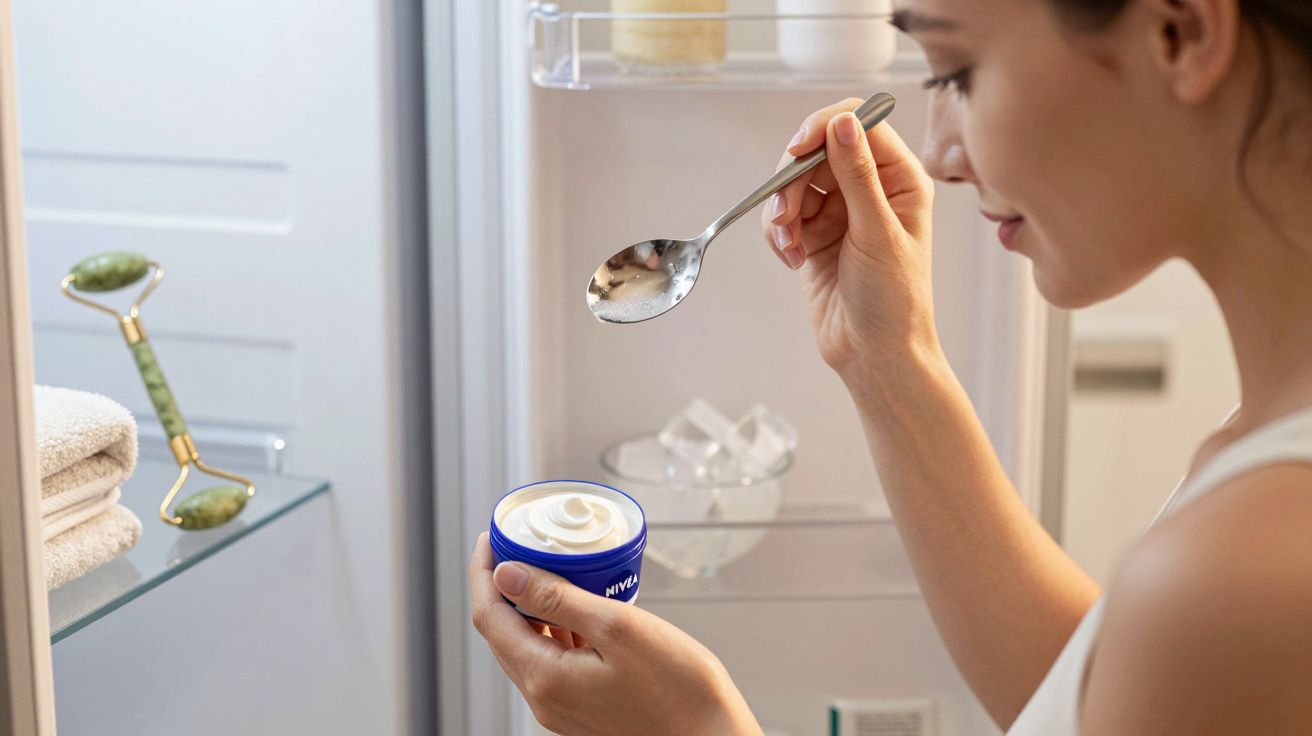 Mujer joven sostiene crema cerca de una nevera abierta, con una cuchara en la mano. Al lado, un rodillo facial y toallas.