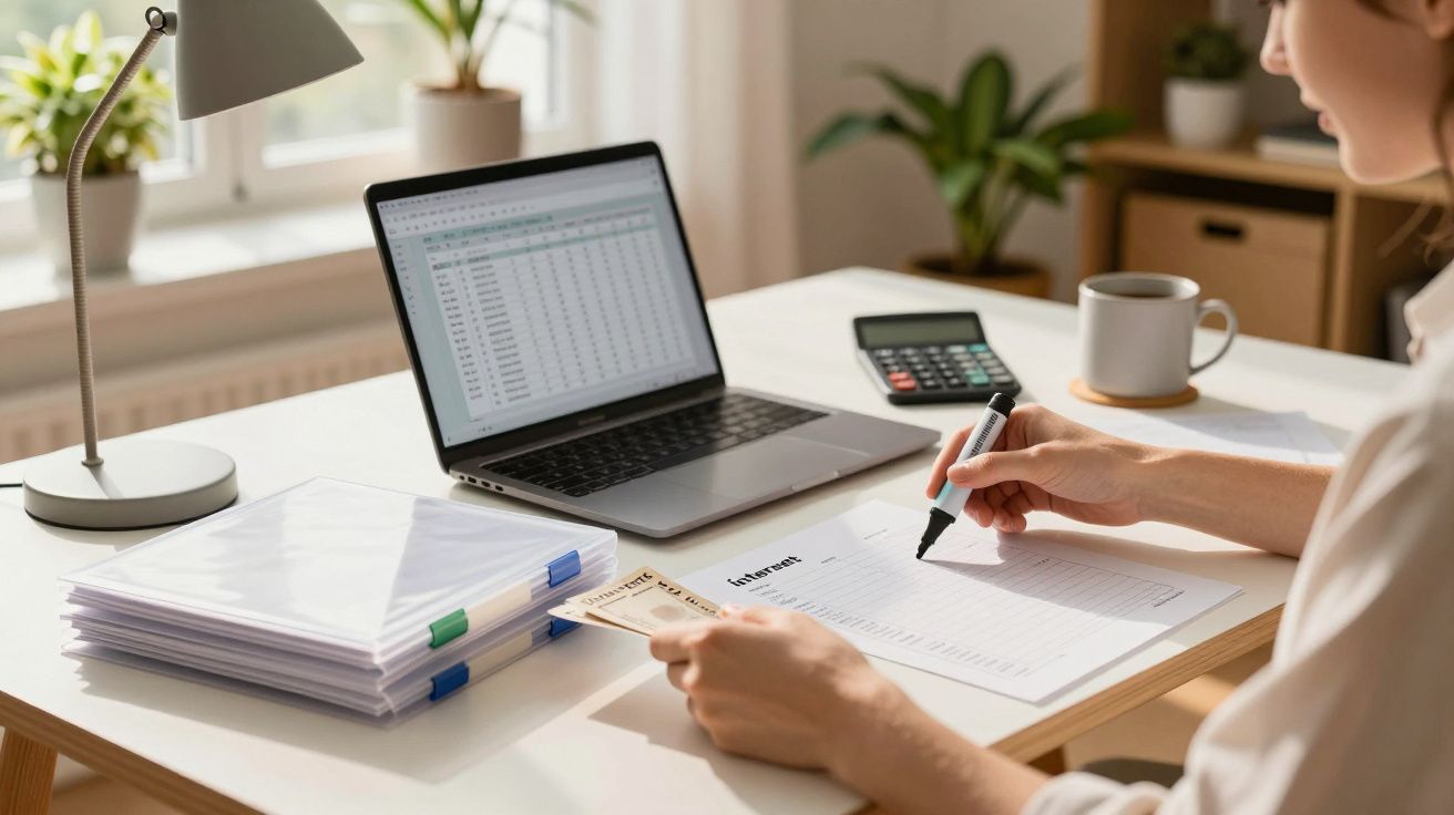 Persona trabajando en un ordenador portátil con hojas de cálculo, documentos, calculadora y taza de café en una oficina ilumi