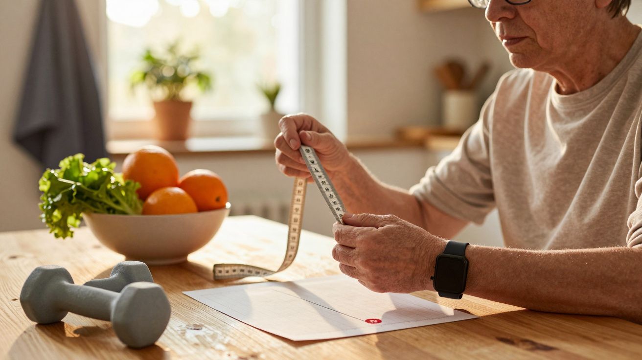 Persona mayor en la cocina con cinta métrica, frutas, y pesas sobre la mesa.
