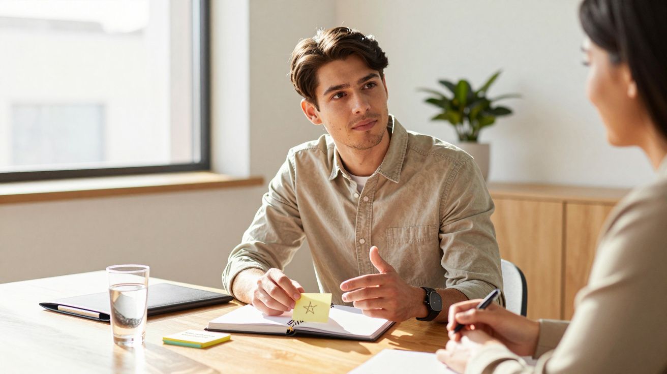 Hombre con camisa beige hablando con una mujer en una reunión de oficina, con papeles sobre la mesa y planta al fondo.