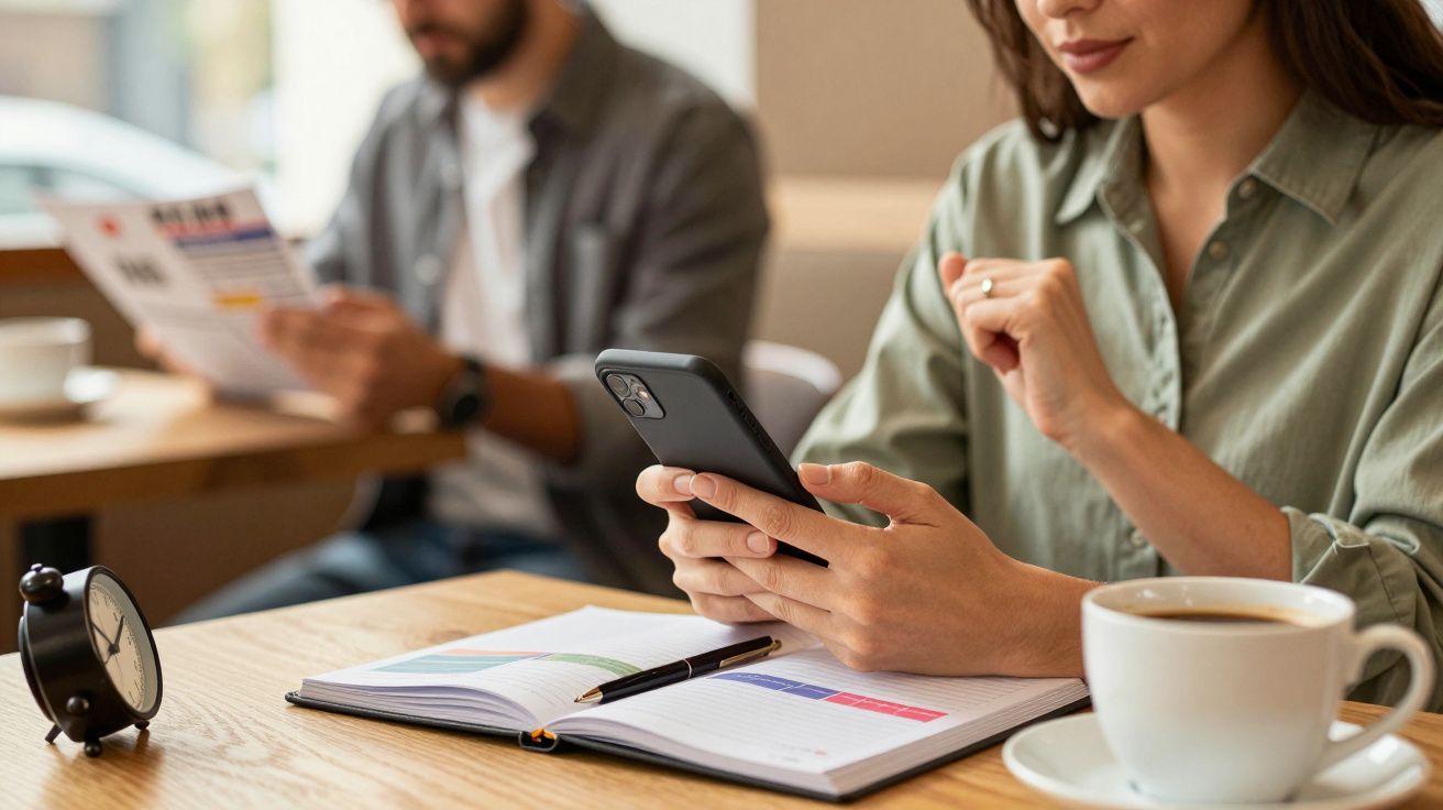 Mujer usando un móvil en una cafetería con una agenda, reloj y taza; hombre al fondo leyendo un folleto.