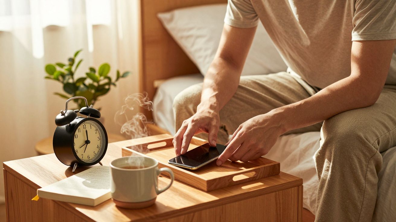 Hombre sentado en la cama usando un móvil en una mesita con un despertador, taza y libro, luz cálida de mañana.