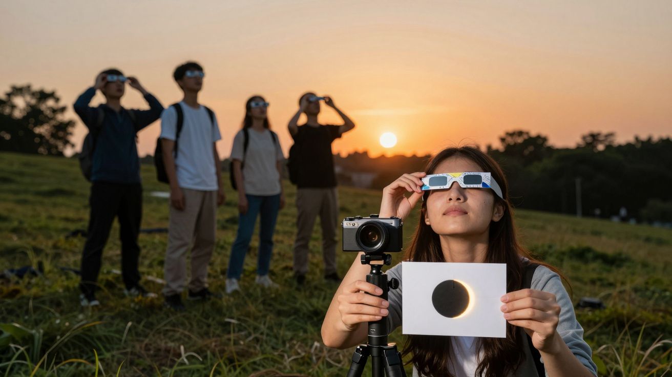 Grupo de personas observando un eclipse solar al atardecer con gafas especiales y cámara en un campo.