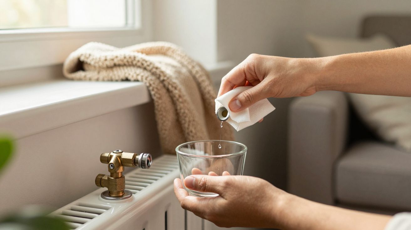 Manos purgando un radiador, recogiendo agua en un vaso cerca de una ventana.