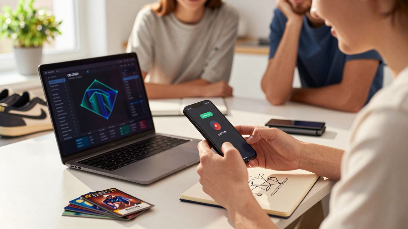 Persona usando móvil con llamada entrante, portátil abierto sobre mesa con gráficos, y ropa de fondo.