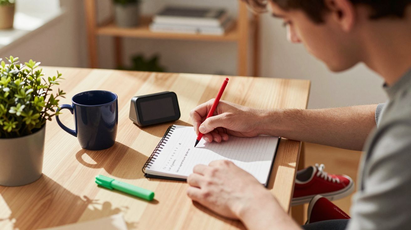 Persona escribiendo en un cuaderno en una mesa de madera, con taza azul, planta y bolígrafo rojo.